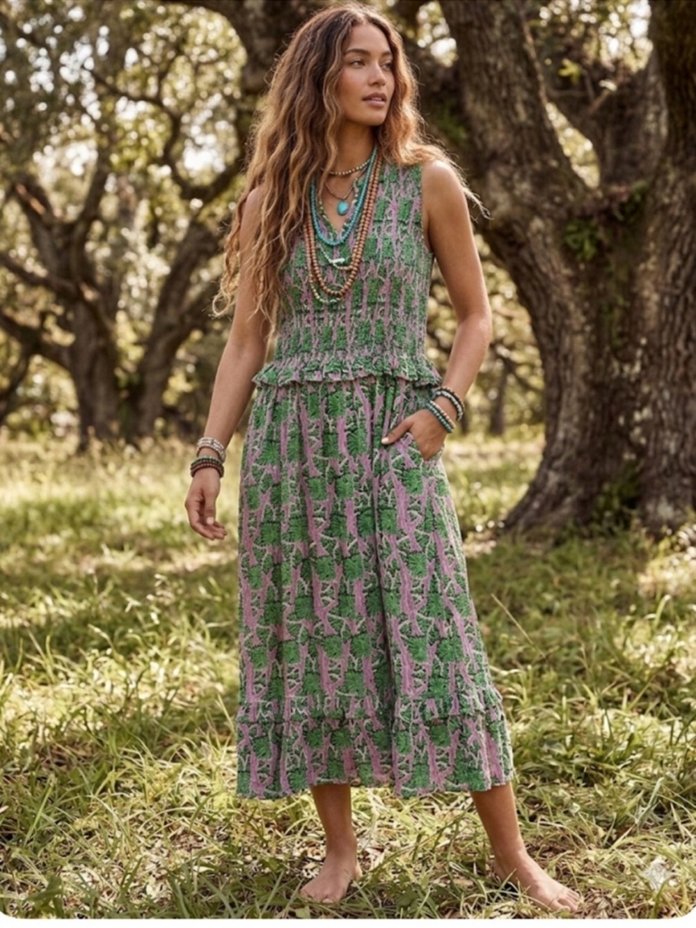 MELLODAY Green & Pink Sleeveless Maxi Dress with Smocked Bodice